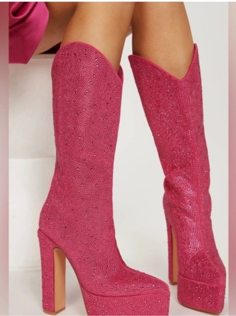 Fashion Nova Pink Rhinestone Knee-High Platform Boots
